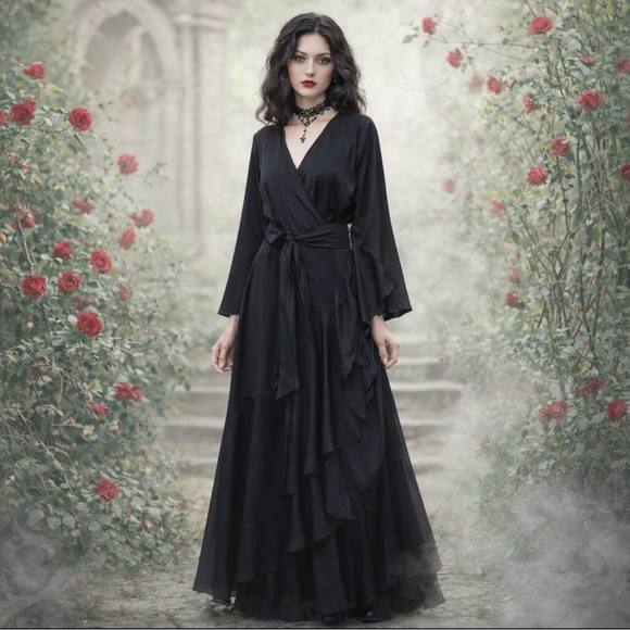 H&M Dresses & Skirts - H&M BLACK SATIN WRAP MAXI ASYMMETRIC RUFFLE DRESS NWT